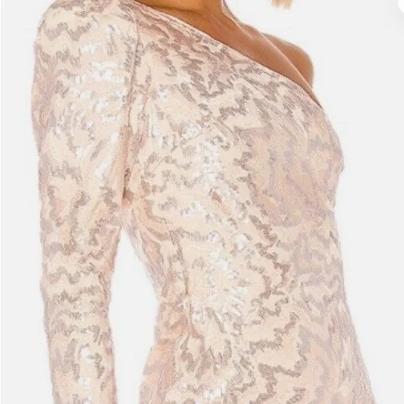 Michael Costello X Revolve. Tan Gold One Shoulder Slit Bodycon Dress - Picture 2 of 8